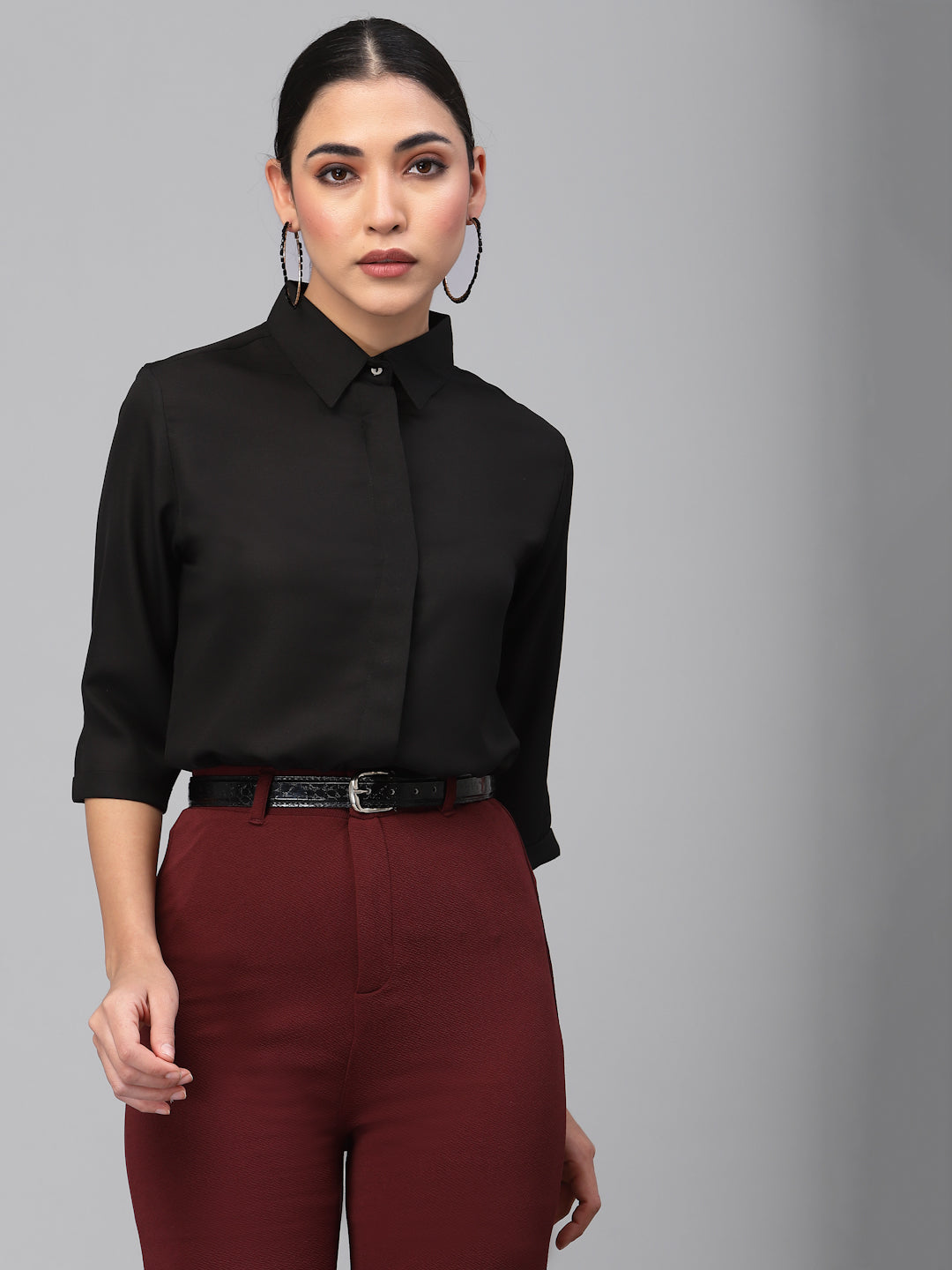 Style Quotient Women Solid Black Poly Moss Regular Formal Shirt