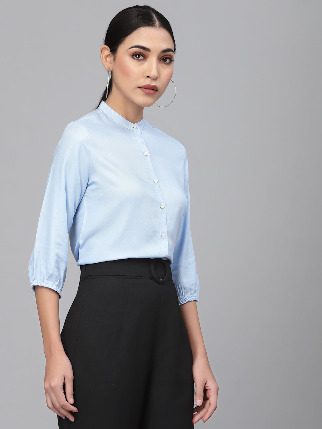 Style Quotient Women Solid Light Blue Polyester Formal Shirt