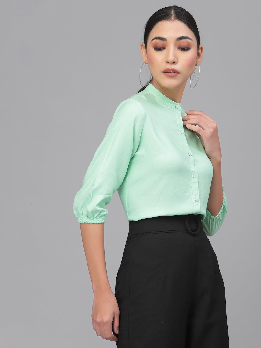 Style Quotient Women Solid Mint Green Polyester Formal Shirt