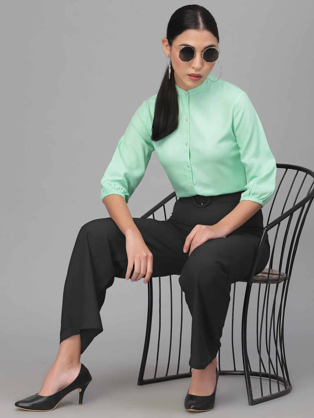 Style Quotient Women Solid Mint Green Polyester Formal Shirt