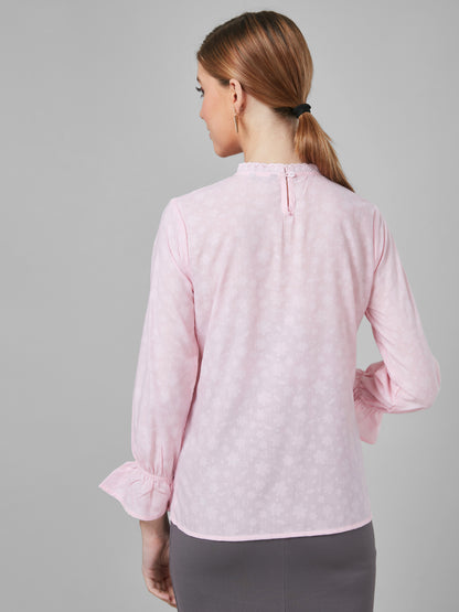 Style Quotient Women Self-Design Floral Powder Pink Cotton Regular Smart Top