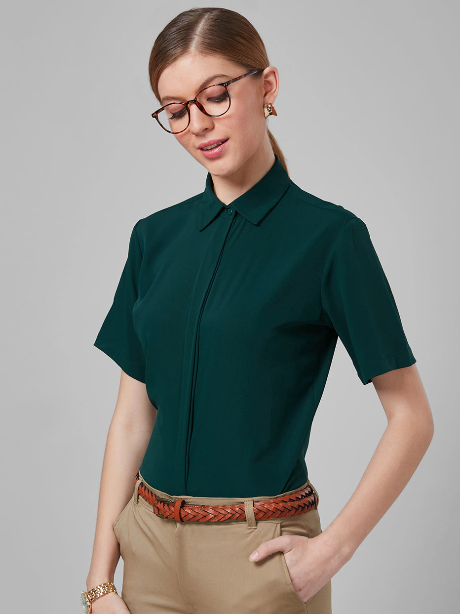 Style Quotient Women Dark Green Solid Polyester Regular Formal Shirt