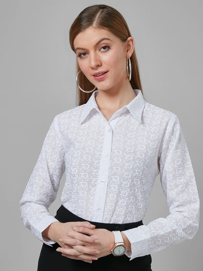 Style Quotient Women White Schiffli Cotton Regular Formal Shirt