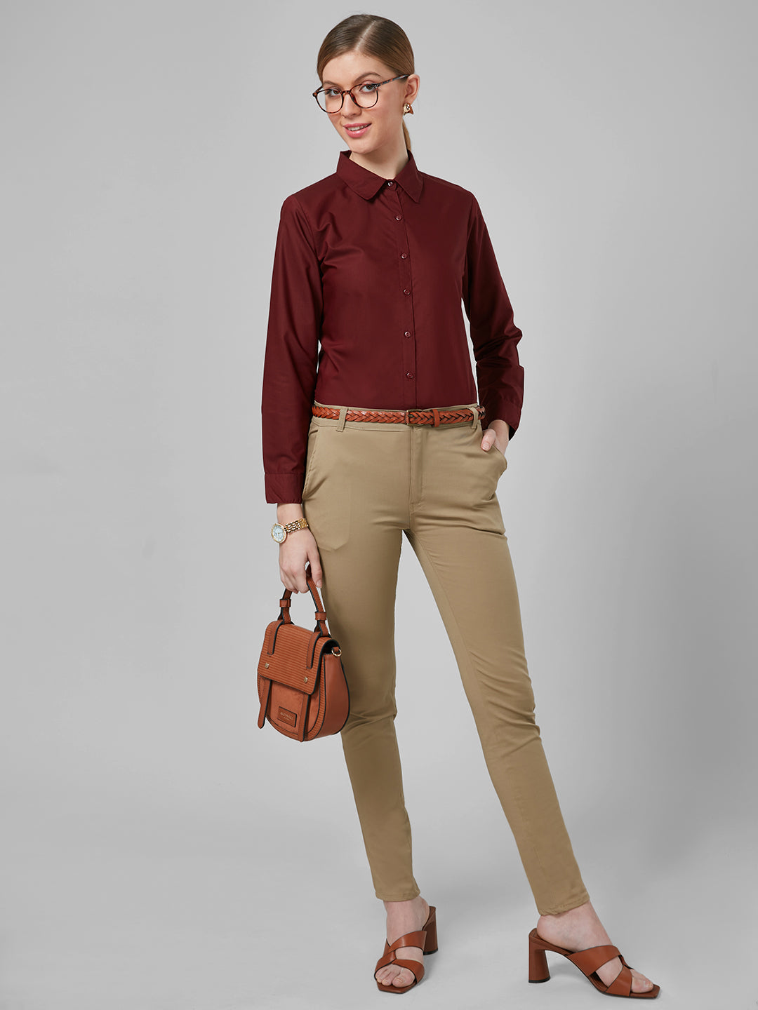 Style Quotient Women Solid Maroon Polycotton Regular Formal Shirt