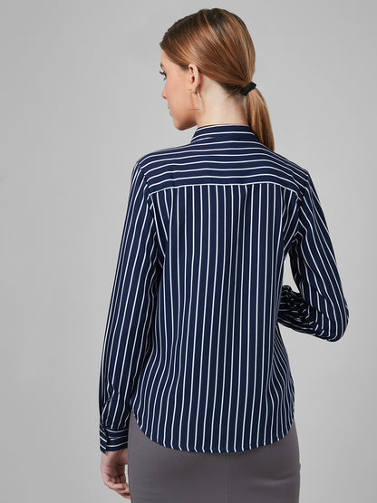 Style Quotient Women Navy And White Chalk Stripe Polyester Regular Formal Shirt