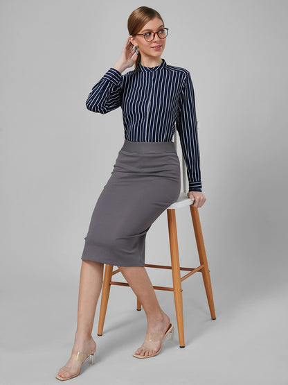 Style Quotient Women Navy And White Chalk Stripe Polyester Regular Formal Shirt