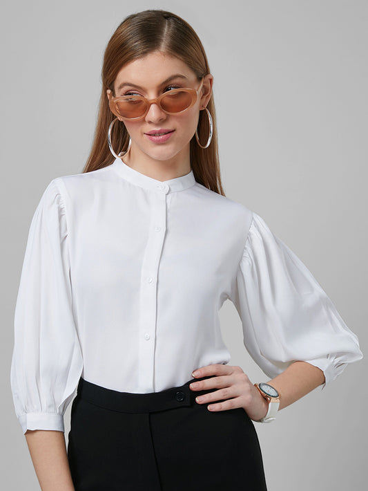 Style Quotient Women Solid White Poly Moss Regular Formal Shirt