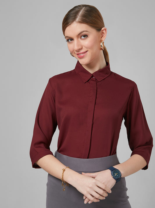 Style Quotient Women Solid Maroon Poly Moss Regular Formal Shirt