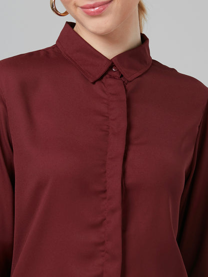 Style Quotient Women Solid Maroon Poly Moss Regular Formal Shirt