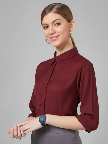 Style Quotient Women Solid Maroon Poly Moss Regular Formal Shirt