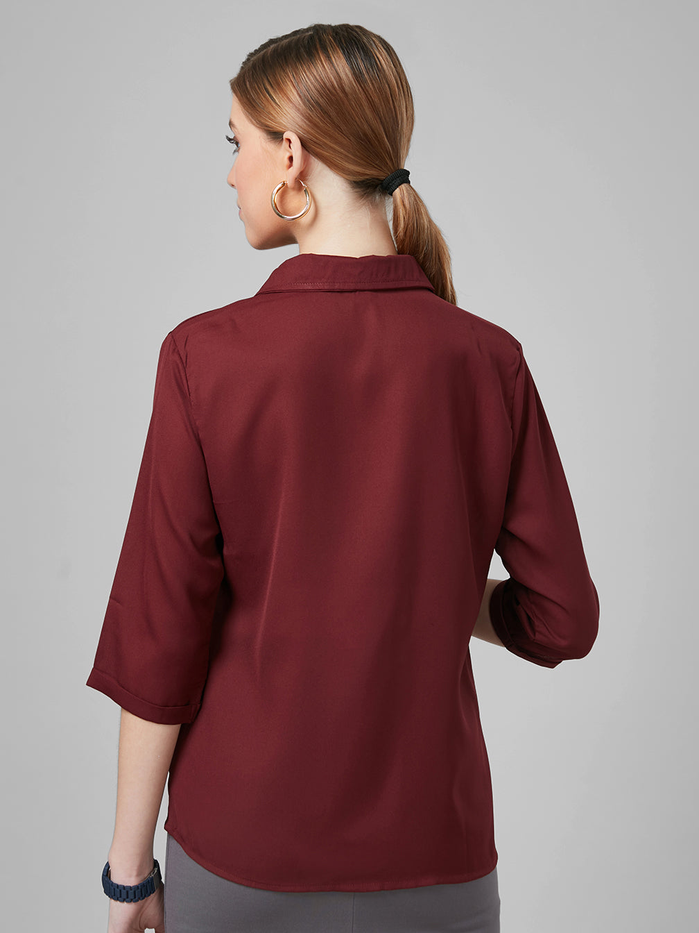 Style Quotient Women Solid Maroon Poly Moss Regular Formal Shirt