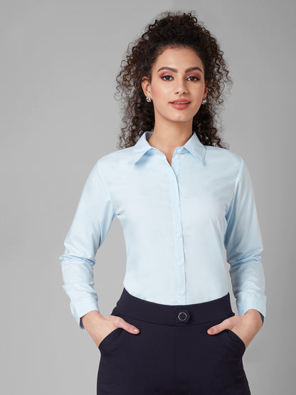 Style Quotient Women Solid Sky Blue PolyCotton Regular Formal Shirt