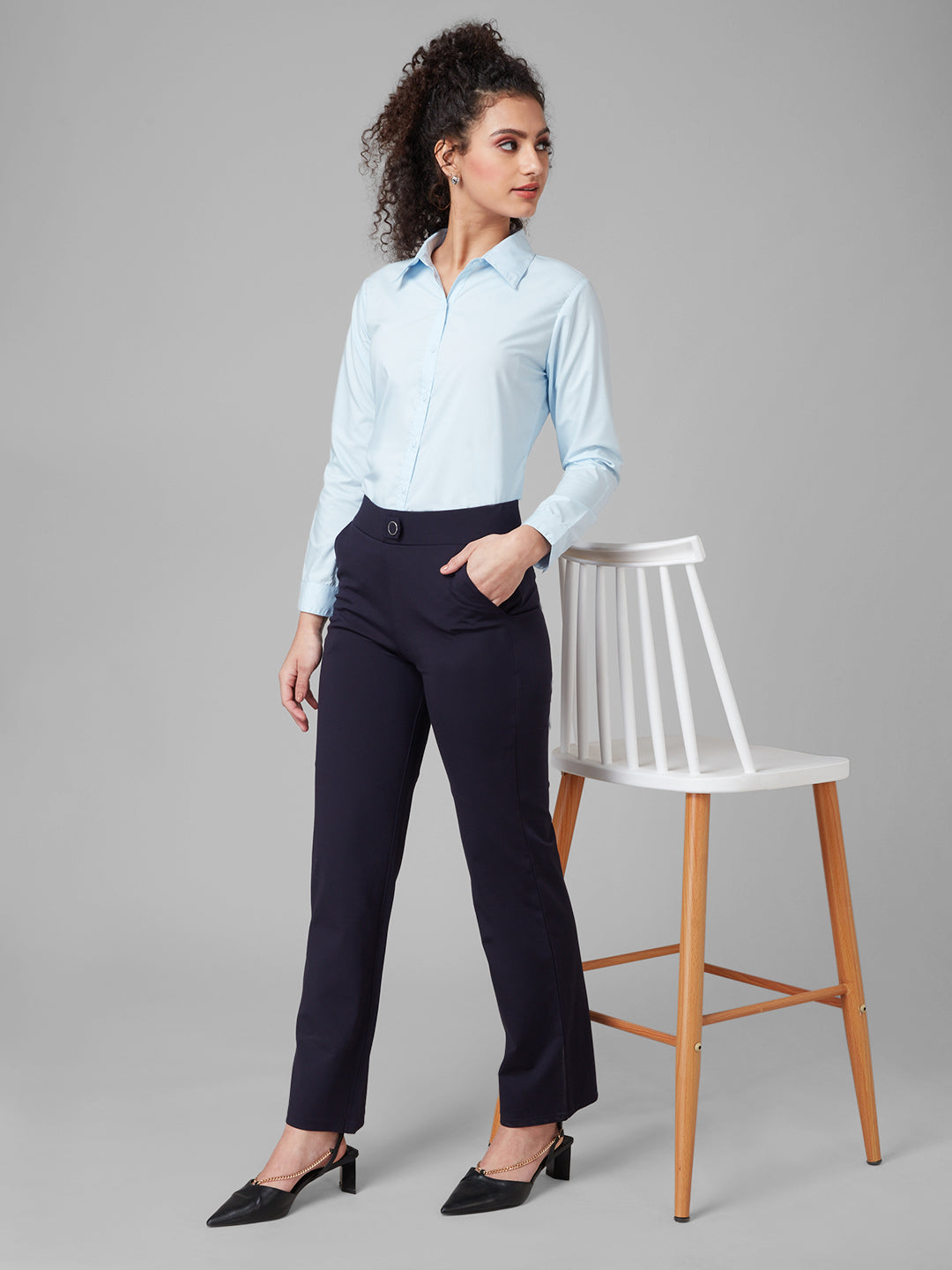 Style Quotient Women Solid Sky Blue PolyCotton Regular Formal Shirt