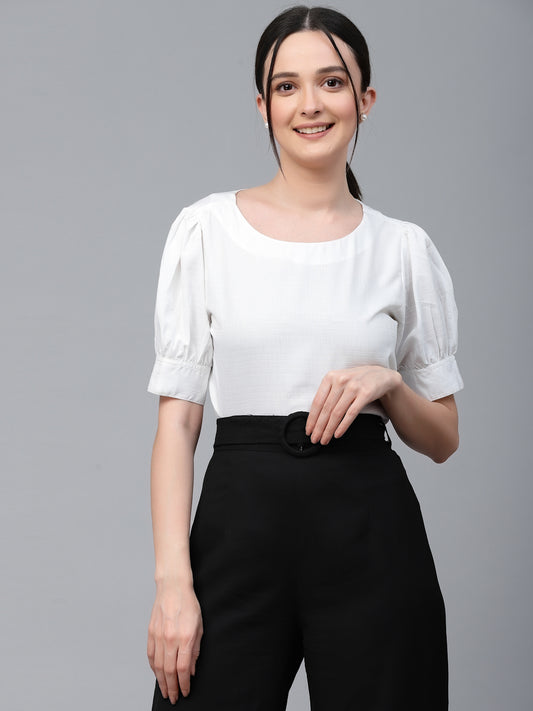 Style Quotient Women White Solid Polyester Regular Smart Top