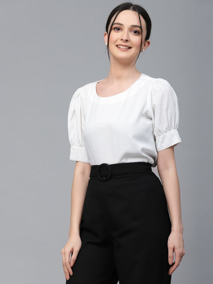 Style Quotient Women White Solid Polyester Regular Smart Top