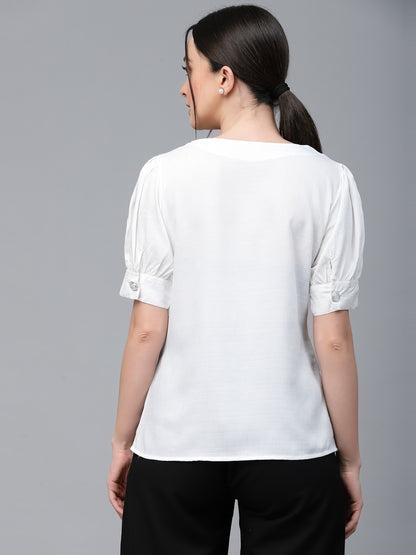 Style Quotient Women White Solid Polyester Regular Smart Top