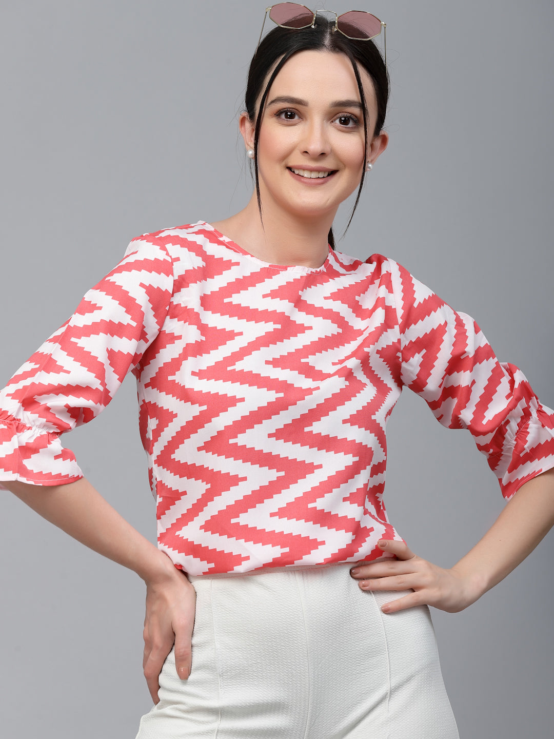 Style Quotient Women White And Coral Chevron Polyester Regular Smart Casual Top