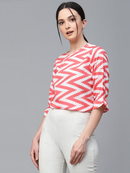 Style Quotient Women White And Coral Chevron Polyester Regular Smart Casual Top