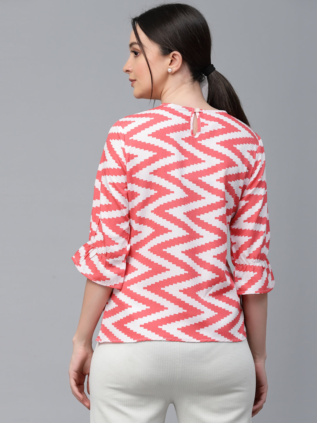 Style Quotient Women White And Coral Chevron Polyester Regular Smart Casual Top