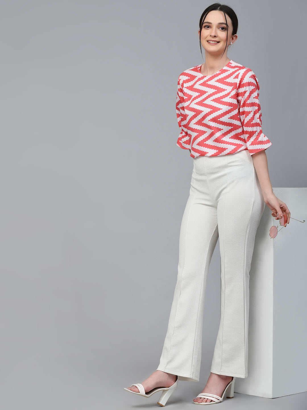 Style Quotient Women White And Coral Chevron Polyester Regular Smart Casual Top