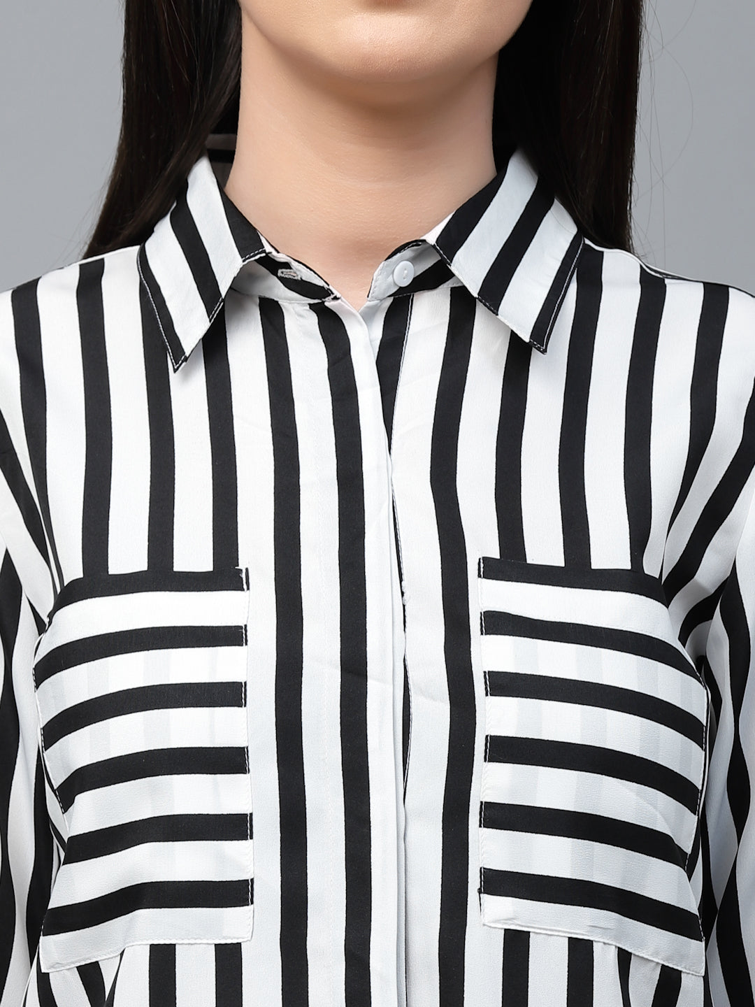 Style Quotient Women Black And White Stripe Polyester Regular Semi Formal Shirt