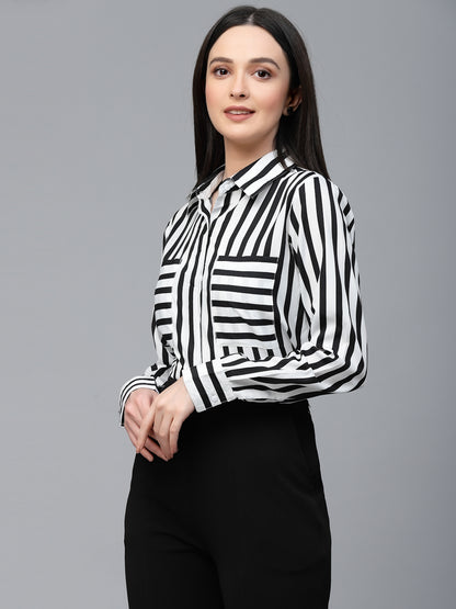 Style Quotient Women Black And White Stripe Polyester Regular Semi Formal Shirt