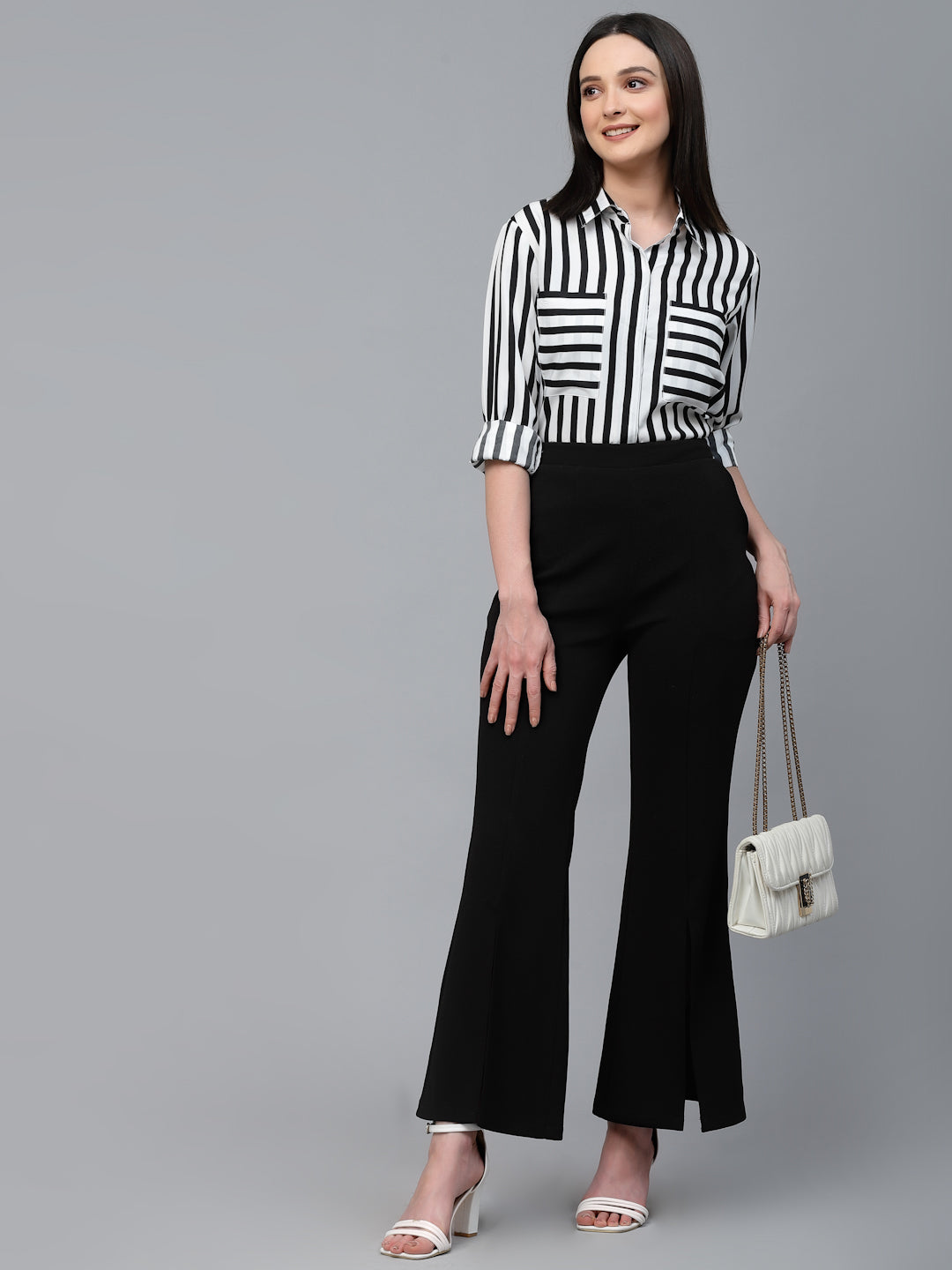 Style Quotient Women Black And White Stripe Polyester Regular Semi Formal Shirt