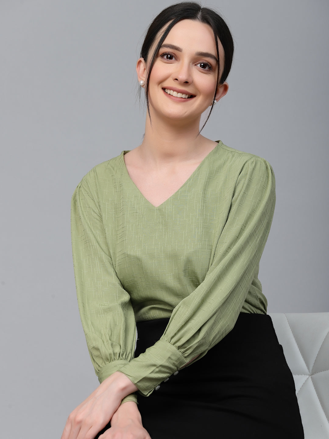 Style Quotient Women Solid Sage Green Polyester Regular Smart Top