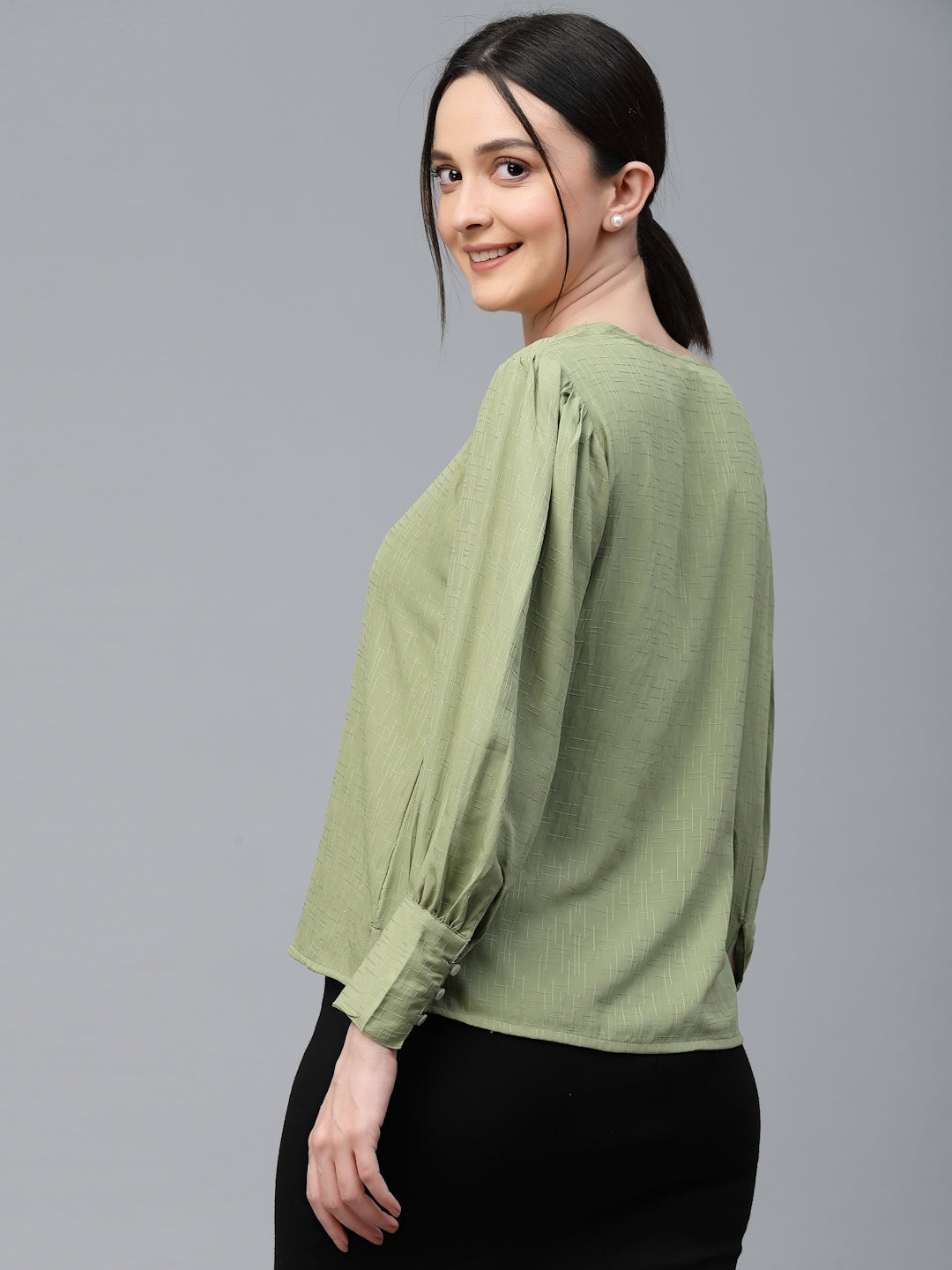 Style Quotient Women Solid Sage Green Polyester Regular Smart Top