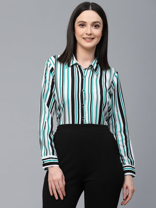 Style Quotient Women White And Green Stripe Polyester Regular Smart Casual Shirt