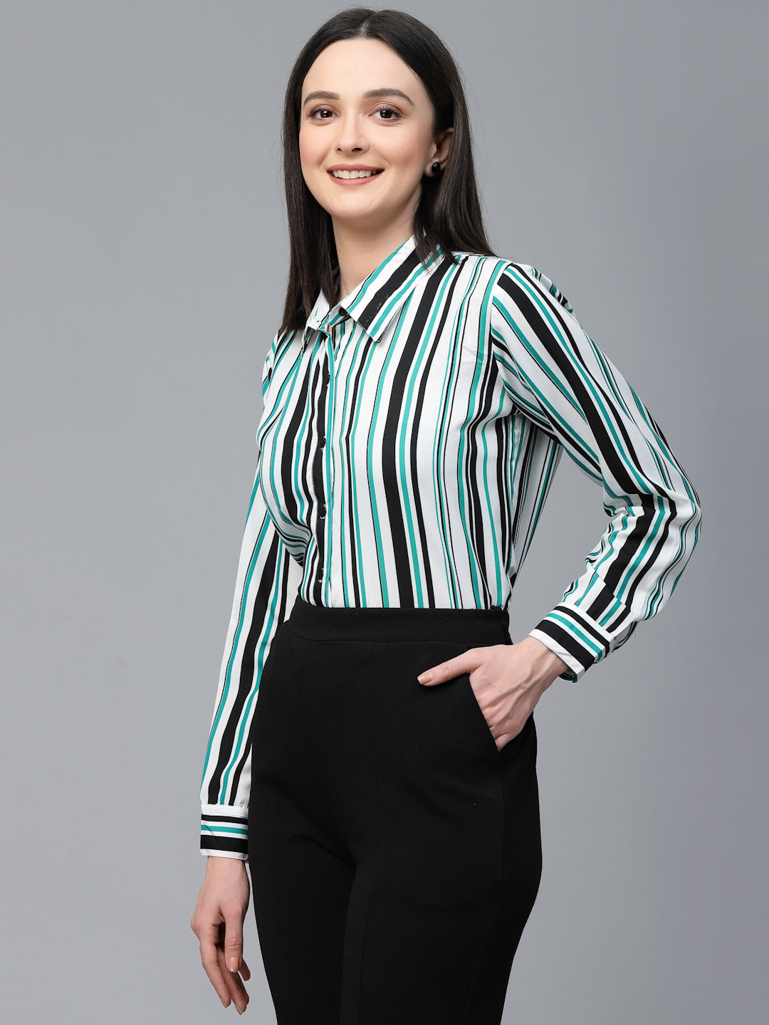 Style Quotient Women White And Green Stripe Polyester Regular Smart Casual Shirt