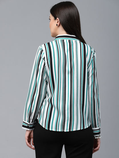 Style Quotient Women White And Green Stripe Polyester Regular Smart Casual Shirt