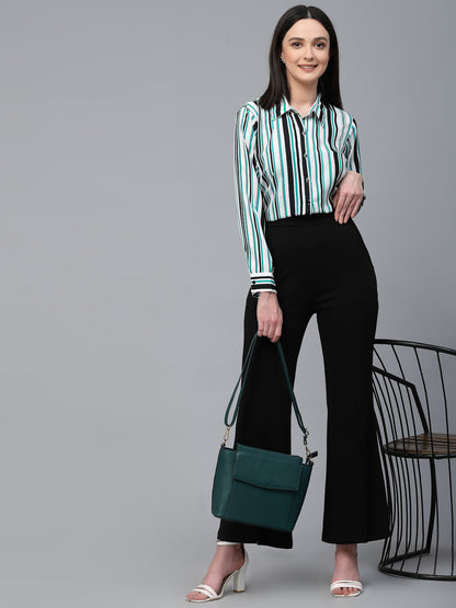 Style Quotient Women White And Green Stripe Polyester Regular Smart Casual Shirt