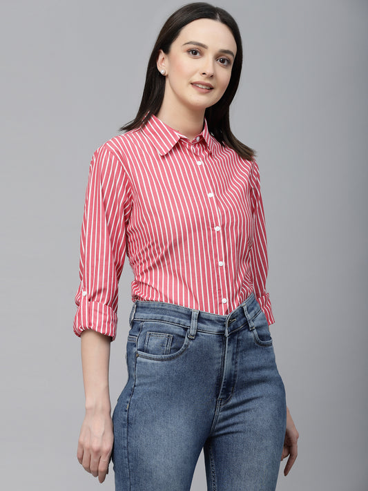 Style Quotient Women Red And White Stripe Polycotton Regular Formal Shirt