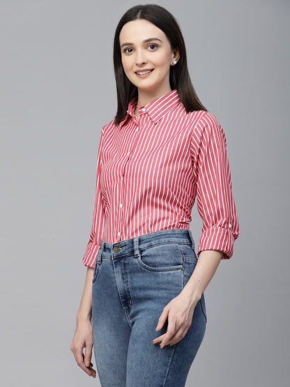 Style Quotient Women Red And White Stripe Polycotton Regular Formal Shirt