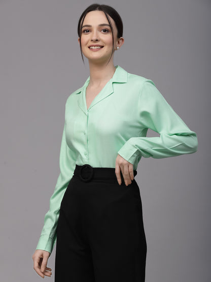 Style Quotient Women Solid Mint Green Twill Rayon Regular Formal Shirt