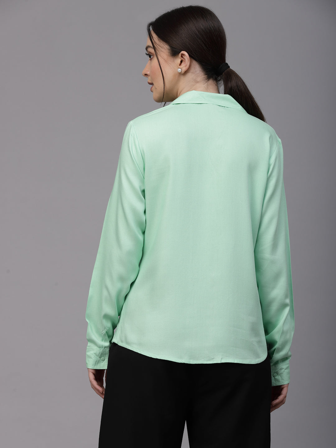 Style Quotient Women Solid Mint Green Twill Rayon Regular Formal Shirt