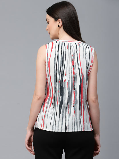 Style Quotient Women Off-White And Multi Stripe Polyester Regular Smart Casual Sleeveless Top