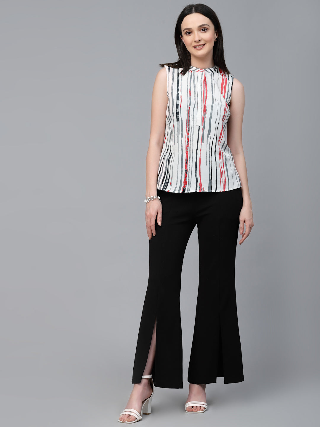 Style Quotient Women Off-White And Multi Stripe Polyester Regular Smart Casual Sleeveless Top