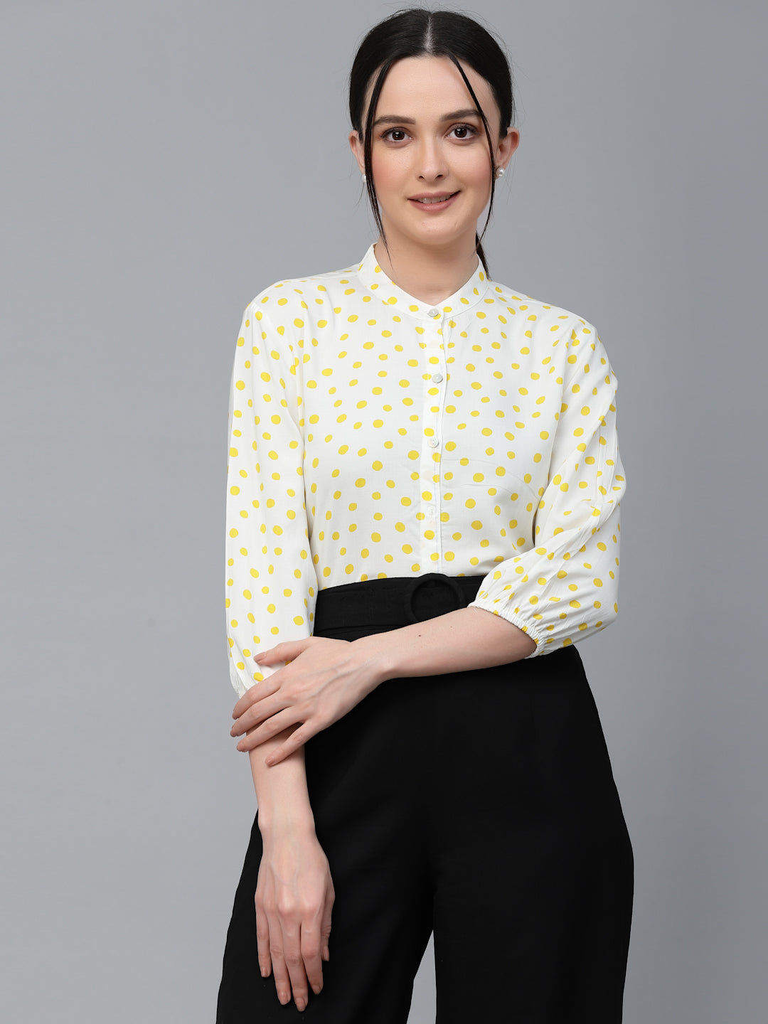 Style Quotient Women White And Yellow Polka Dot Rayon Regular Smart Casual Shirt