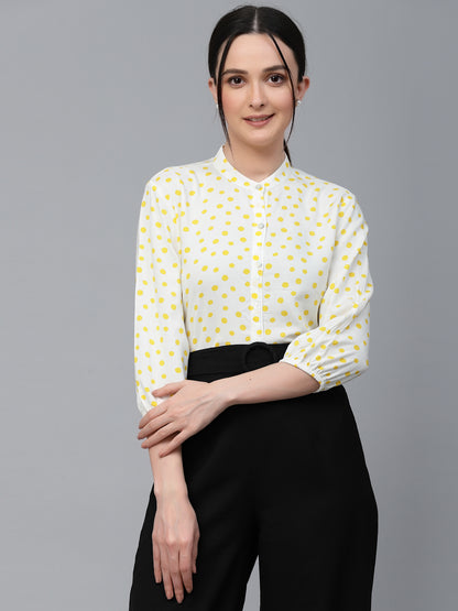 Style Quotient Women White And Yellow Polka Dot Rayon Regular Smart Casual Shirt