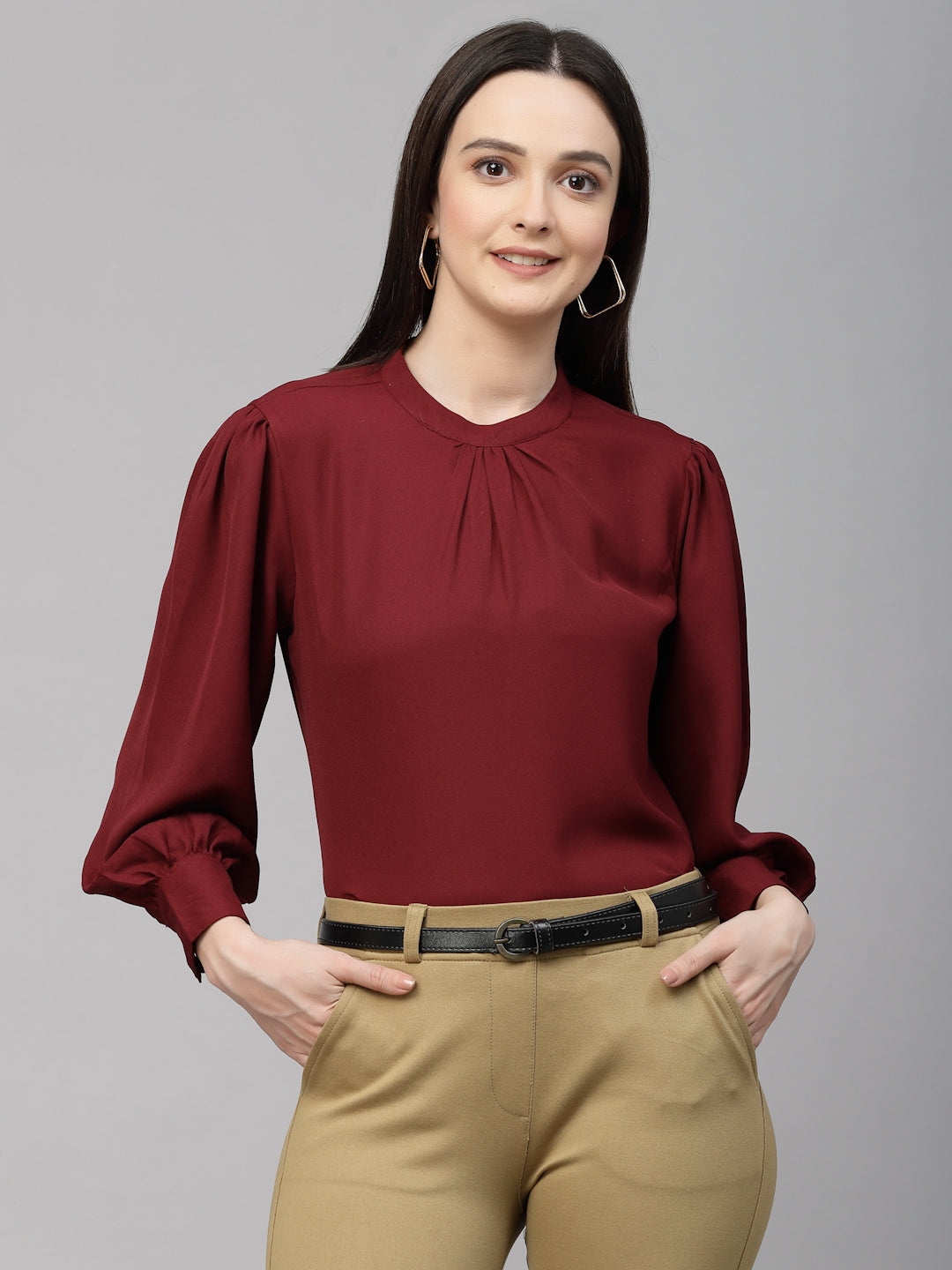 Style Quotient Women Maroon Solid Polyester Regular Smart Top