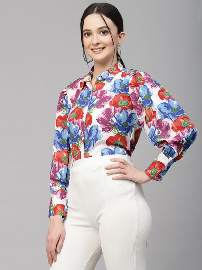 Style Quotient Women White and Multi Floral Polyester Regular Smart Casual Shirt