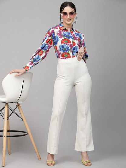 Style Quotient Women White and Multi Floral Polyester Regular Smart Casual Shirt