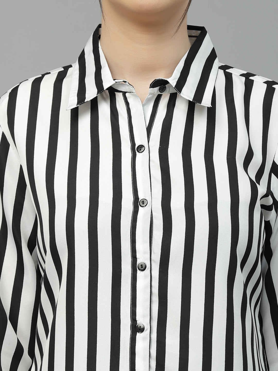 Style Quotient Women Black And White Stripe Polyester Regular Semi Formal Shirt