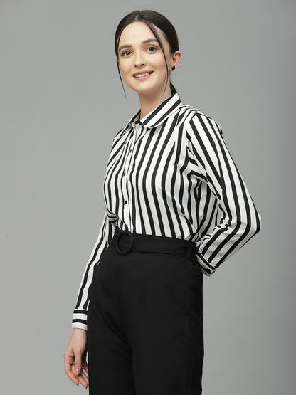 Style Quotient Women Black And White Stripe Polyester Regular Semi Formal Shirt