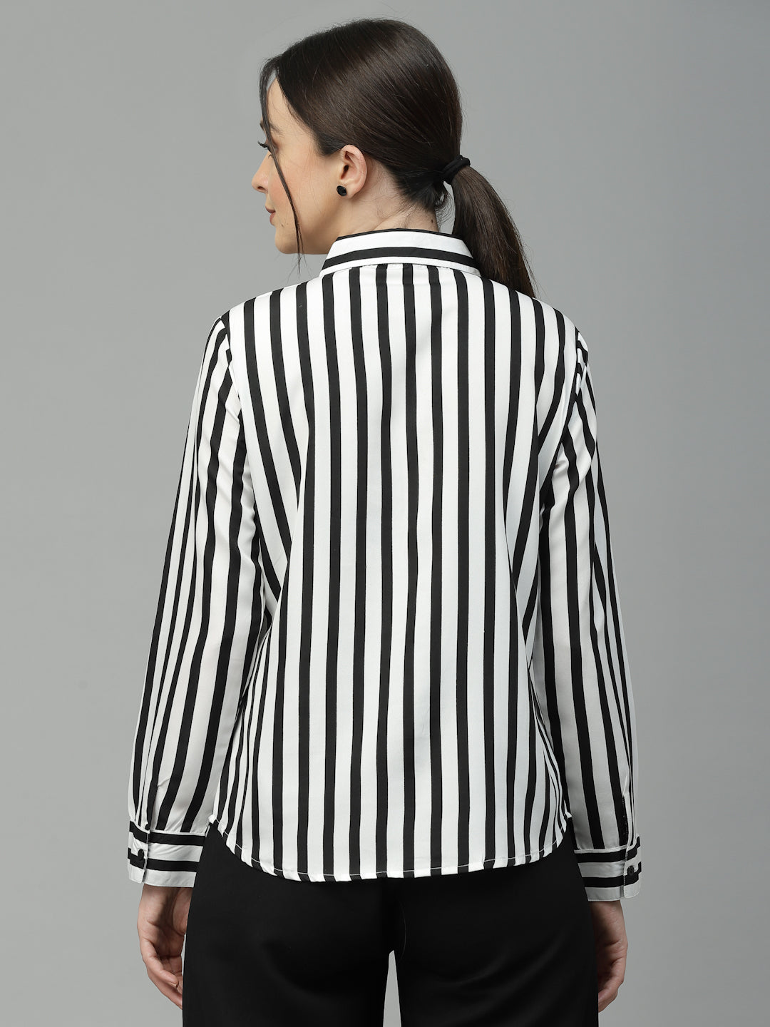 Style Quotient Women Black And White Stripe Polyester Regular Semi Formal Shirt