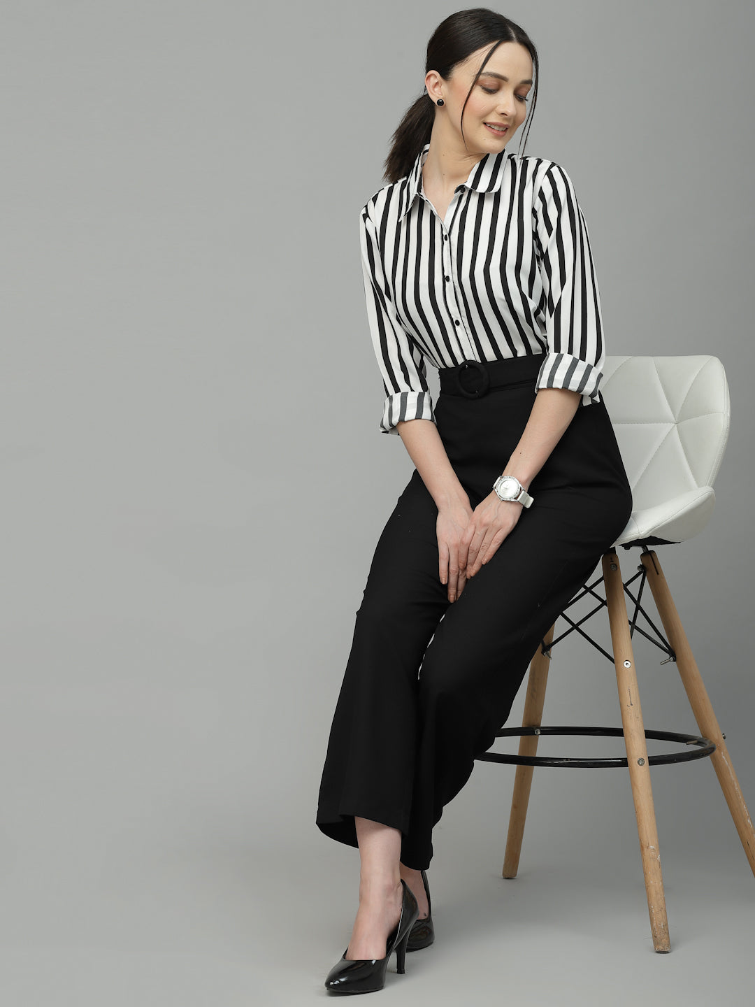 Style Quotient Women Black And White Stripe Polyester Regular Semi Formal Shirt