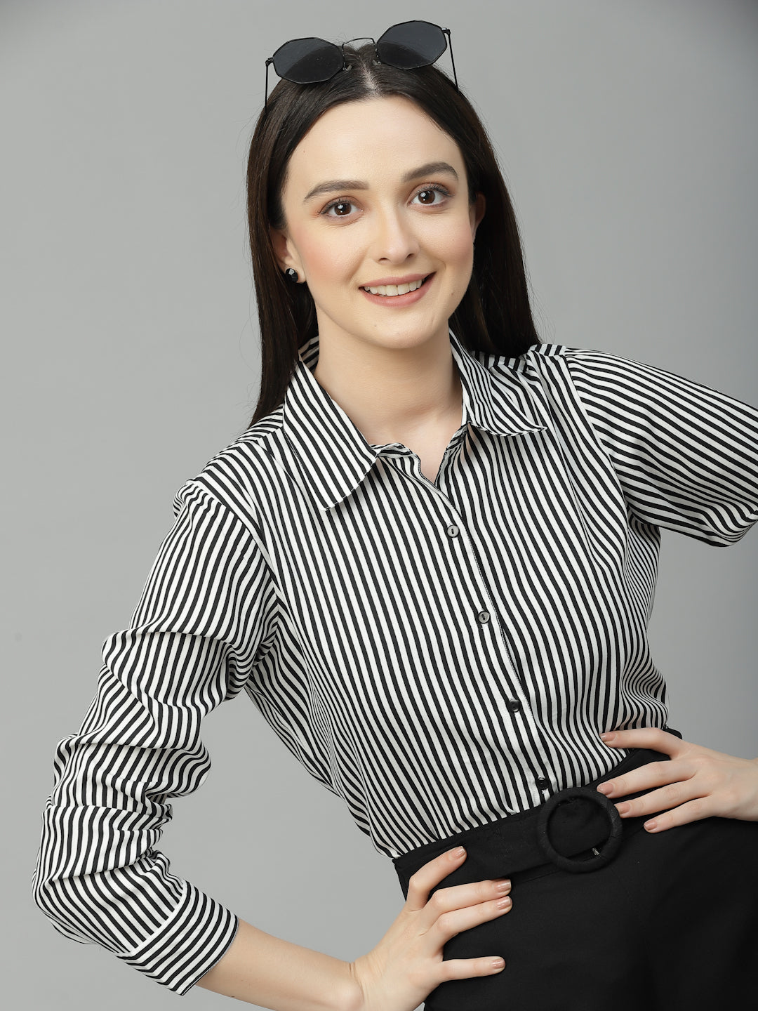 Style Quotient Women Black And White Stripe Polyester Regular Semi Formal Shirt