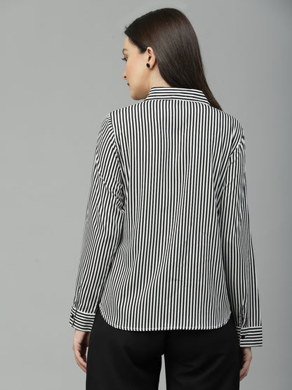 Style Quotient Women Black And White Stripe Polyester Regular Semi Formal Shirt